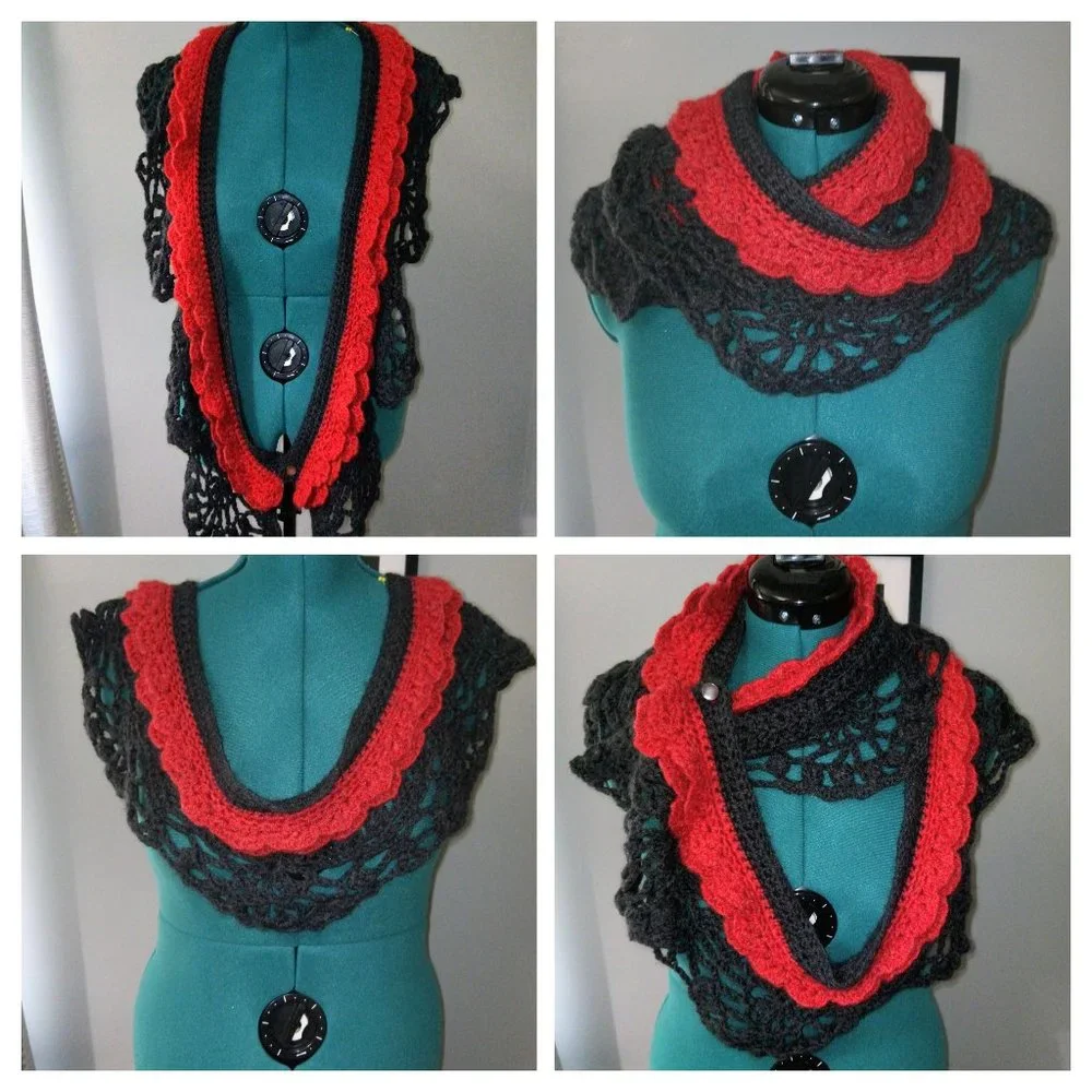 Crochet Multi-Wear Scarf/Wrap/Vest/Accessory in Heathered Red & Gray NEW - Picture 10 of 10